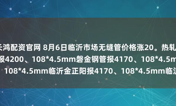 长鸿配资官网 8月6日临沂市场无缝管价格涨20。热轧42*3.5mm中汇华鑫报4200、108*4.5mm磐金钢管报4170、108*4.5mm临沂金正阳报4170、108*4.5mm临沂瑞钢联报4050